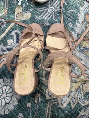 Lulu's Blush Lace-Up Block Heel Sandals